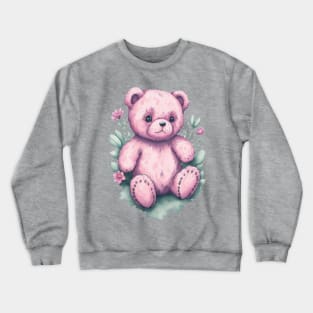 Pink Teddy Bear around Flowers: Scattered Watercolor in Pastel Colors Crewneck Sweatshirt
